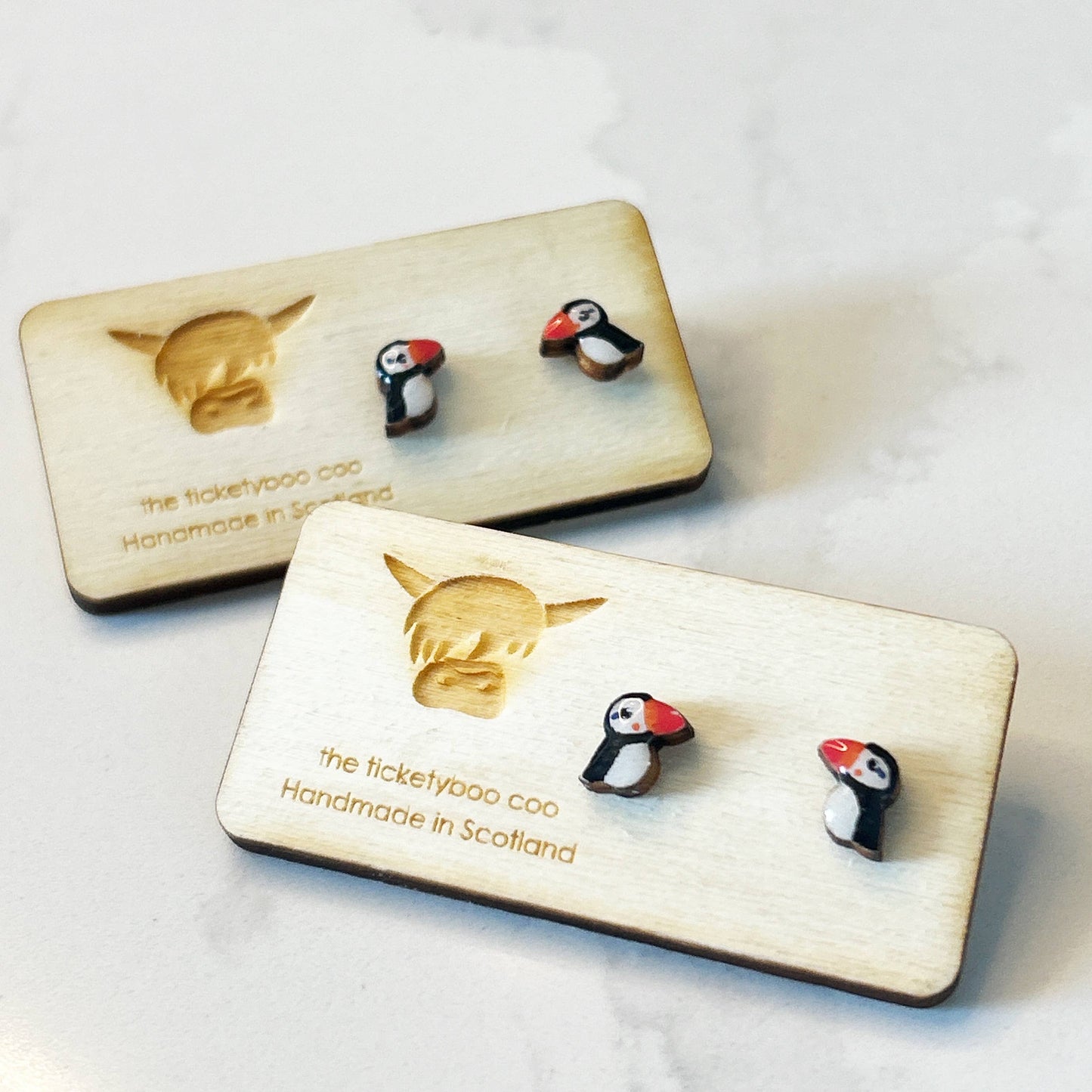 Hand Painted Wooden Puffin Earrings - Handmade in Scotland by Ticketyboo Coo