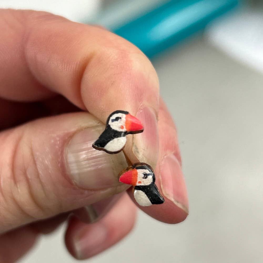 Hand Painted Wooden Puffin Earrings - Handmade in Scotland by Ticketyboo Coo