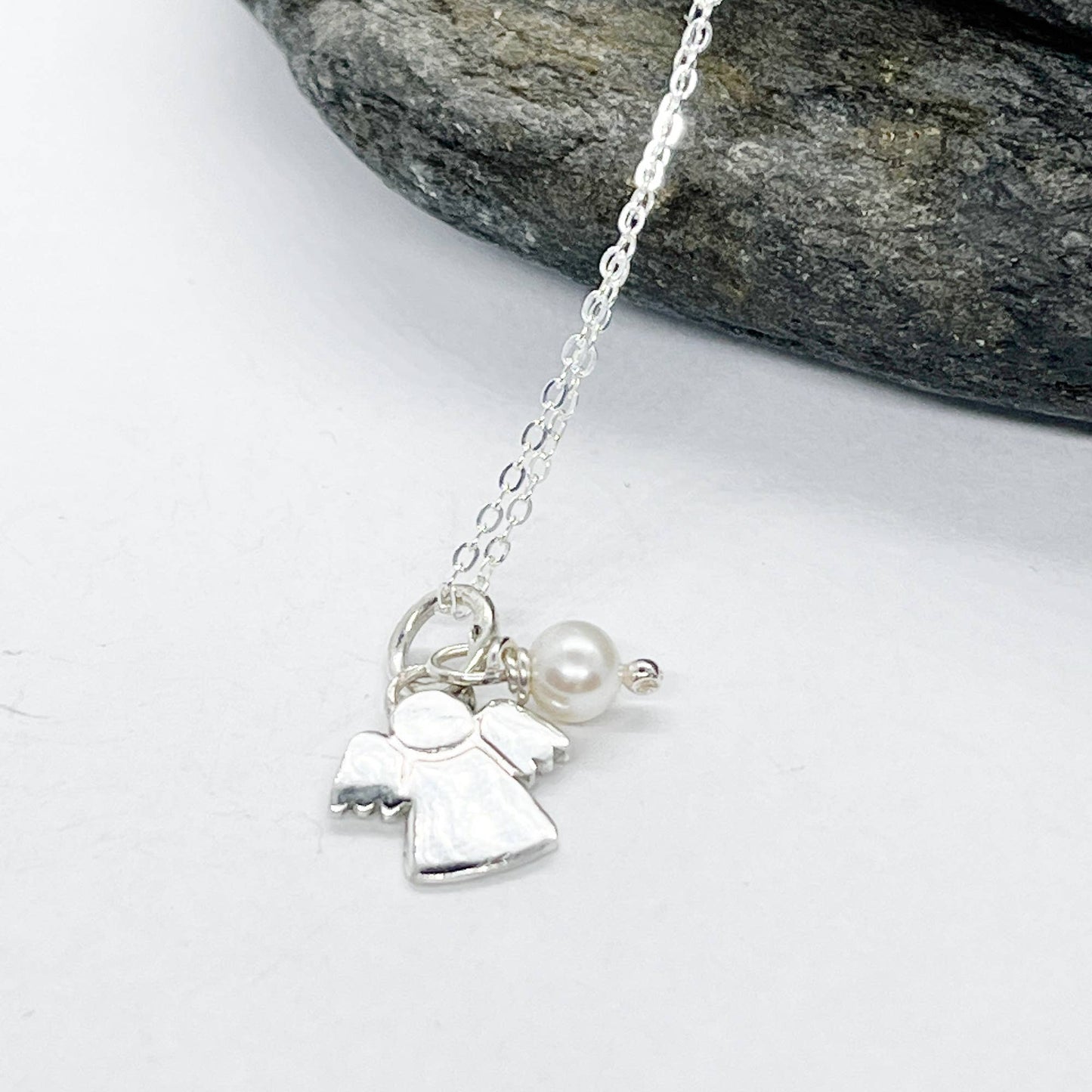 Silver Angel Birthstone Necklace with Pearl
